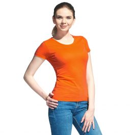 женская однотонная оранжевая футболка круглый вырез