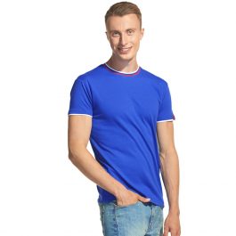 синяя мужская футболка с триколором О-ворот