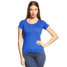 синяя женская футболка триколор с круглым вырезом